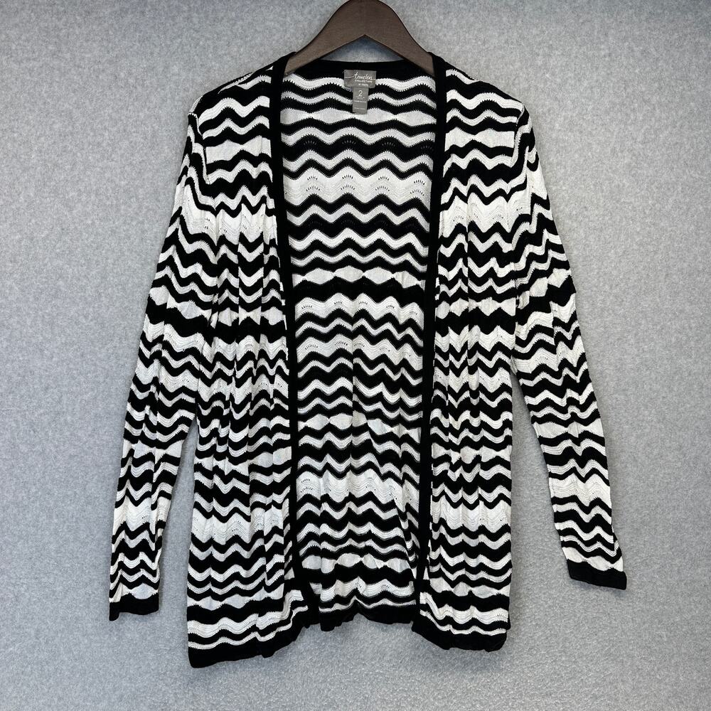 Travelers Collection By Chico's Sweater Size 2 Black White Zig-Zag Striped Open